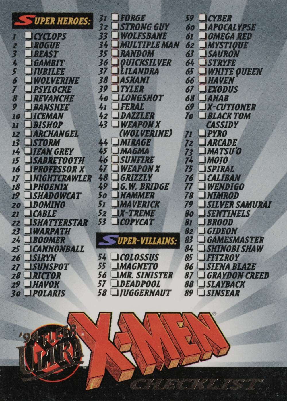 94 Fleer Ultra X-Men Checklist